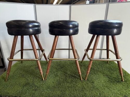 5 x Black Leather Backless Stools with Stained Wood & Metal Base.