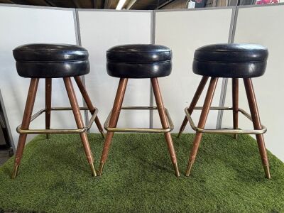 5 x Black Leather Backless Stools with Stained Wood & Metal Base.
