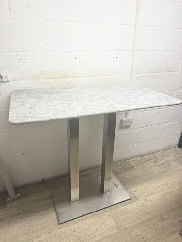 Marble Top Rectangular High Table on Stainless Steel Twin Pedestal Base, Size H110 x W120 x D70cm.