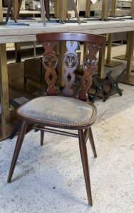 8 x Ercol Fleur de Lys Style Dining Chairs Part Upholstered with Nail Head Trim.