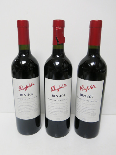 3 x Bottles of Penfolds Bin 407 Cabernet Sauvignon Red Wine, 2010, 750ml.