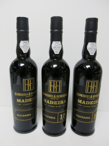 3 x Bottles of Henriques & Henriques Madeira Malvasia Red Wine, 15 Years Old, 500ml.