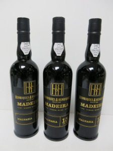 3 x Bottles of Henriques & Henriques Madeira Malvasia Red Wine, 15 Years Old, 500ml.