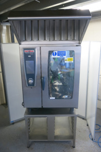 Rational Self Cooking Centre 5 Senses 10 Grid Combi Oven, 3 Phase. Comes with Rational Vent, Model 60.72.320, S/N ET1UE15045010078. On Stainless Steel Table. Overall Size H215 x W85 x D115cm.