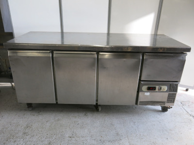 Friulinox Stainless Steel 3 Door 1 Drawer Refrigerator Counter, Model TR47, S/N 200103220203. Size H85 x W180 x D70cm.