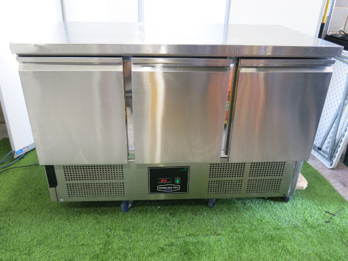 Sterling Pro Cobus Stainless Steel 3 Door Refrigerated Counter, Model SPU303, S/N 256262, Size H87 x W137 x D70cm.