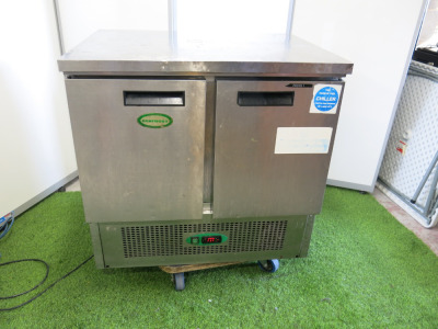 Genfrost Commercial Stainless Steel 2 Door Counter Refrigerator, Model G901SS, S/N15091035160.Size H85 x W90 x D70cm.