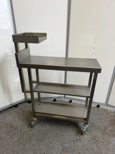 Mobile Stainless Steel Table with 2 Shelves Under & 1 Shelf Above. H90 x W30 x D82cm.