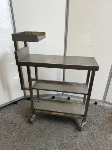 Mobile Stainless Steel Table with 2 Shelves Under & 1 Shelf Above. H90 x W30 x D82cm.