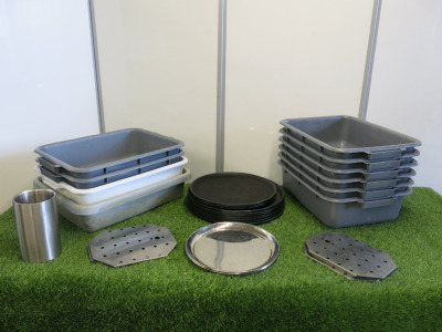 Lot of Bar Accessories to Include: 12 x Assorted Sized Trays, 10 x Tote Boxes, 1 x Wine Cooler & 1 x Stainless Steel Tidy.