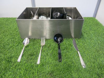 Quantity of Cutlery to Include Stainless Steel Knives, Forks, Spoons & Plastic Spoons.