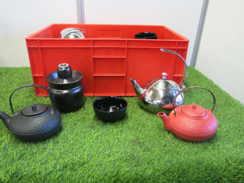 Quantity of Tea Pots & Bowls to Include: 2 x Red Tea Pots, 2 x Black Tea Pots, 3 x Metal Tea Pots, 3 x Ceramic Jars & 23 x Black Bowls.