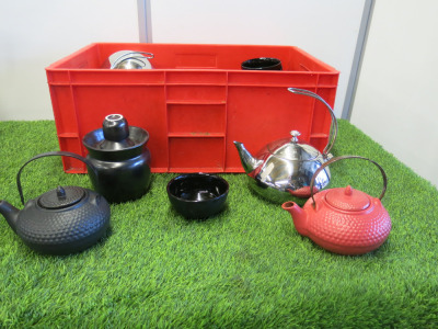 Quantity of Tea Pots & Bowls to Include: 2 x Red Tea Pots, 2 x Black Tea Pots, 3 x Metal Tea Pots, 3 x Ceramic Jars & 23 x Black Bowls.