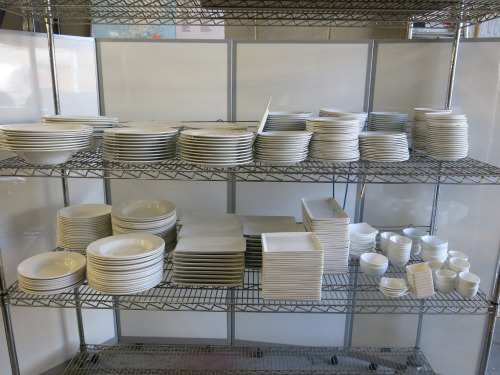 Approx 420 Pieces of White Branded Crockery, Dudson, RAK, Cameo, Olympia & Royal Gen Ware to Include: 40 x 26cm Plates, 100 x 20cm Side Plates,65 x 15cm Side Plates, 20 x 25cm Bowls, 9 x 24cm Bowls, 40 x 29cm Bowls, 27 x 21cm Square Plates, 45 x 27cm Serv