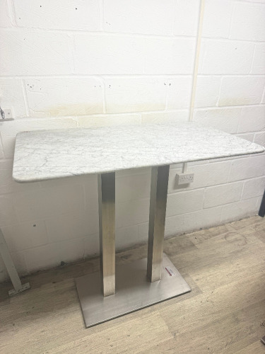 Marble Top Rectangular High Table on Stainless Steel Twin Pedestal Base, Size H110 x W120 x D70cm.