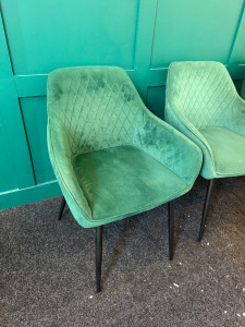 2 x Green Patterned Suede Chairs with Black Legs.