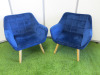 2 x Blue Velvet Chairs on Wooden Legs.