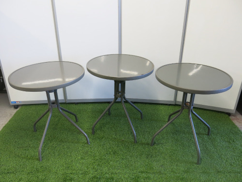 5 x Grey Metal Outdoor Tables with Perspex Top, Size H68 x Dia60cm.