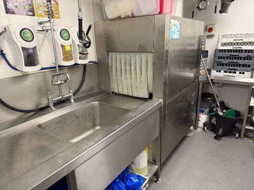 Maidaid Run Through Commercial Dishwasher, Model R3010, S/N 4410152, 3 Phase, DOM July 2023. Comes with 8 Assorted Trays & 1 x Rinse Aid.