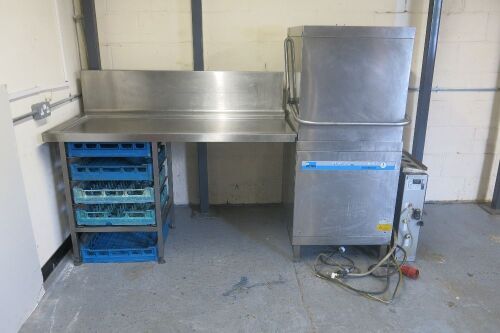 Meiko Pass Through Dishwasher, Model DV80.2, S/N 10291668, YOM 2015, Size H147 x W70 x D80cm. Comes with Stainless Steel In Or Out Table, Size H90 x W145 x D80cm.