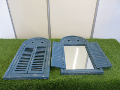 Pair of Pine Wood Shuttered Mirrors in Blue, Size 75 x 39cm.