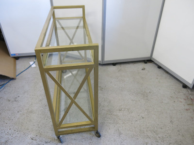Mobile Gold Painted Metal Framed Glass 2 Tiered Trolley, Size H81 x W97 x D33.