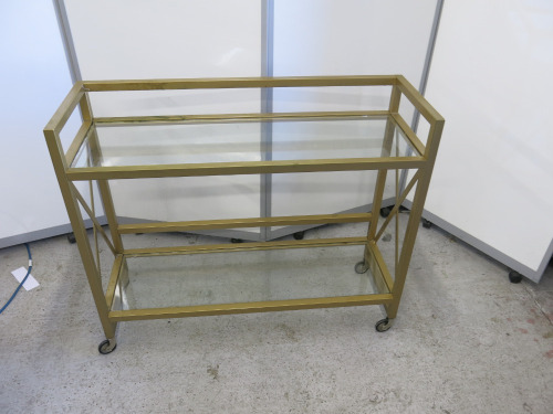 Mobile Gold Painted Metal Framed Glass 2 Tiered Trolley, Size H81 x W97 x D33.