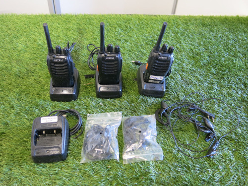 3 x Esynic Two Way Radios, Model ESY-88E. Comes with 4 x Chargers & 4 Ear Pieces.