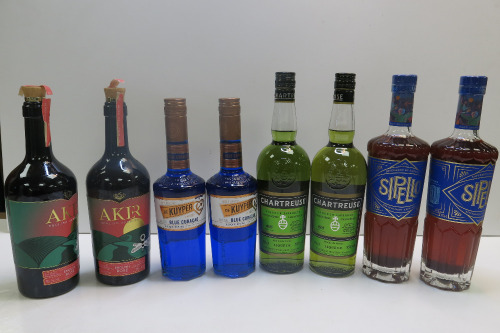 4 x Liqeuers & 4 x Aperitif to Include: 2 x De Kuyper Blue Curacao, 2 x Chartreuse Liqeuer, 2 x Sipello Bittersweet Aperitif & 2 x Aker Aperitif.