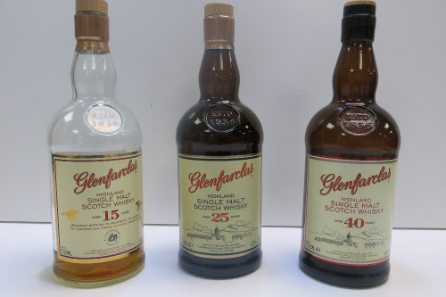 3 x Unsealed Glenfarclas Single Malt Scotch Whisky to Include: 15, 25 & 40 Years Old.