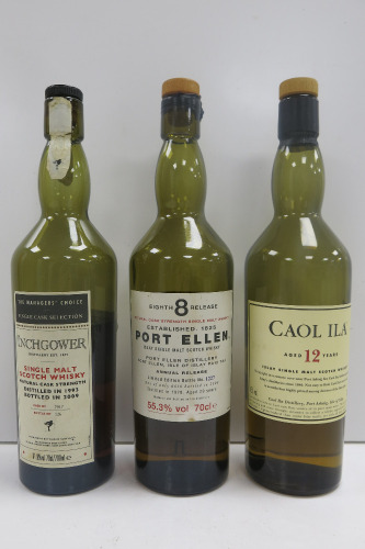 3 x Unsealed Assorted Single Malt Scotch Whisky to Include: Inchgower Managers Choice, Port Ellen 8th Release & Caol Ila 12 Years Old.
