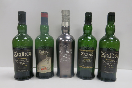 5 x Unsealed Ardbeg Single Malt Scoth Whisky to Include: 25 Years Old, 2 x 10 Years Old, Corryvreckan The Ultimate & Supernova The Ultimate.