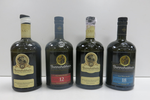 4 x Unsealed Bunnhabhain Islay Single Malt Scotch Whisky to Include: 2 x XXV, 1 x 18 Years Old & 1 x 12 Years Old.