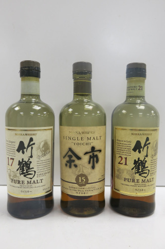 3 x Unsealed Nikka Single Malt Japanese Whisky to Include: 21 Years Old, 17 Years Old & 15 Years Old.