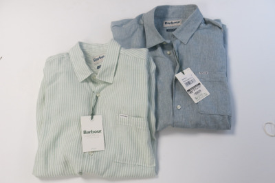 2 x Barbour Button Up Shirts, Size M, RRP &pound;70 each to Include: 1 x Denim Effect & 1 x Green Striped.