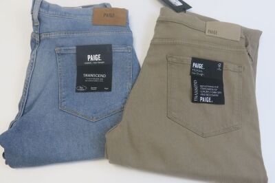 2 x Pairs of Paige Denim Trousers to Include: Size 34 Khaki & Size 32 Blue. RRP &pound;230 each.