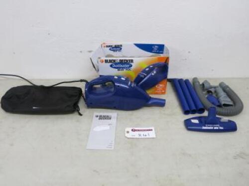 Black & Decker Dustbuster Mini Vac with Assorted Attachments, Manual & Box. Note: Missing Air Filter