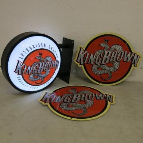 3 x KingBrown Display Advertising Signs t to Include: 2 x Metal Wall Signs & 1 x Illuminated Wall Sign