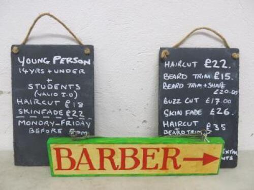 Lot to Include Wooden Barbers Sign & 2 x Slate Plaques