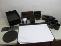 Quantity of Assorted Leather Office Desk Tidies to Include: Paper Trays, Letter Holders, Tissue Box, Pen Holders, Mouse Mat, Coasters & Writing Pad