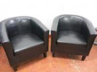 2 x Black Faux Leather Tub Chairs on Wood Legs