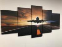 5 x Canvas Wall Arts of an Airplane & Runway at Sunset. Overall Size H100cm x W200cm