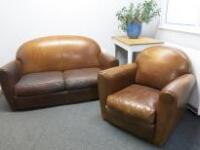 Duvivier 2 Piece Sofa Set in Brown Leather. 2 Seater Sofa, Size H80cm x D90cm x W150cm & Armchair. Size H80cm x D80cm x W80cm