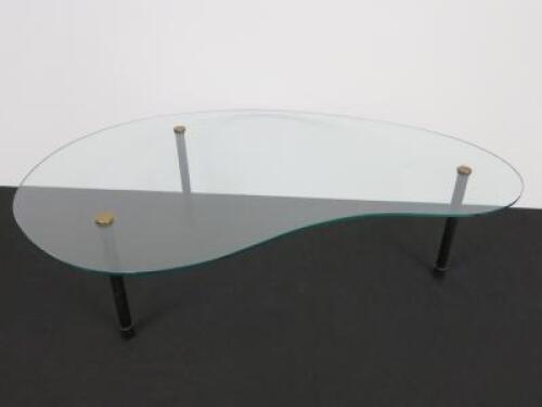 Kidney Shaped Glass Coffee Table on Black Metal Legs and Chrome Caps. Size H24cm x W84cm x D60cm