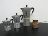 3 x Assorted Sized Bialetti Moka Express Italian Designed Stove Top Coffee Maker & 0.50l Turkish Copper/Brass Coffee Pot