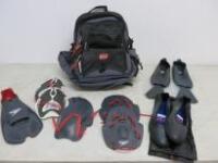 Lot of Swimming & Water Accessories to Include: Quicksilver Multi Compartment Rucksack, 2 x Pairs of Speedo Flippers (L), Pair of Swims Water Slip on Shoes (M) & 4 x Pairs of Speedo Hand Swimming Paddles (As Viewed).