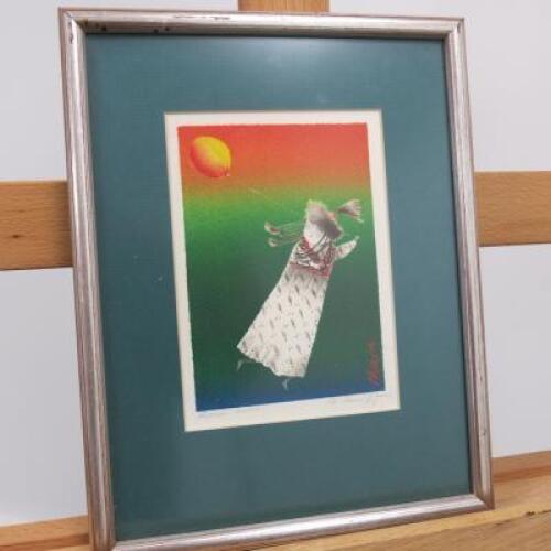 Framed, Glazed & Mounted Japanese Print, Signed Nuria and Additional Signatures Unknown. Size 10.5 x 8in