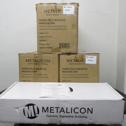 Boxed New 7 x Metalicon Kardo Pole Mounted Monitor Arm For Twin Screens, Model PMA522-SV