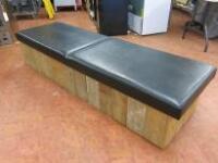 Wood Bench Seat with Wood Plank Finish to Front & Right & 2 x Black Faux Leather Seat Pads. Size (H)44cm x (W)204cm x (D)64cm