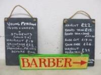 Lot to Include Wooden Barbers Sign & 2 x Slate Plaques